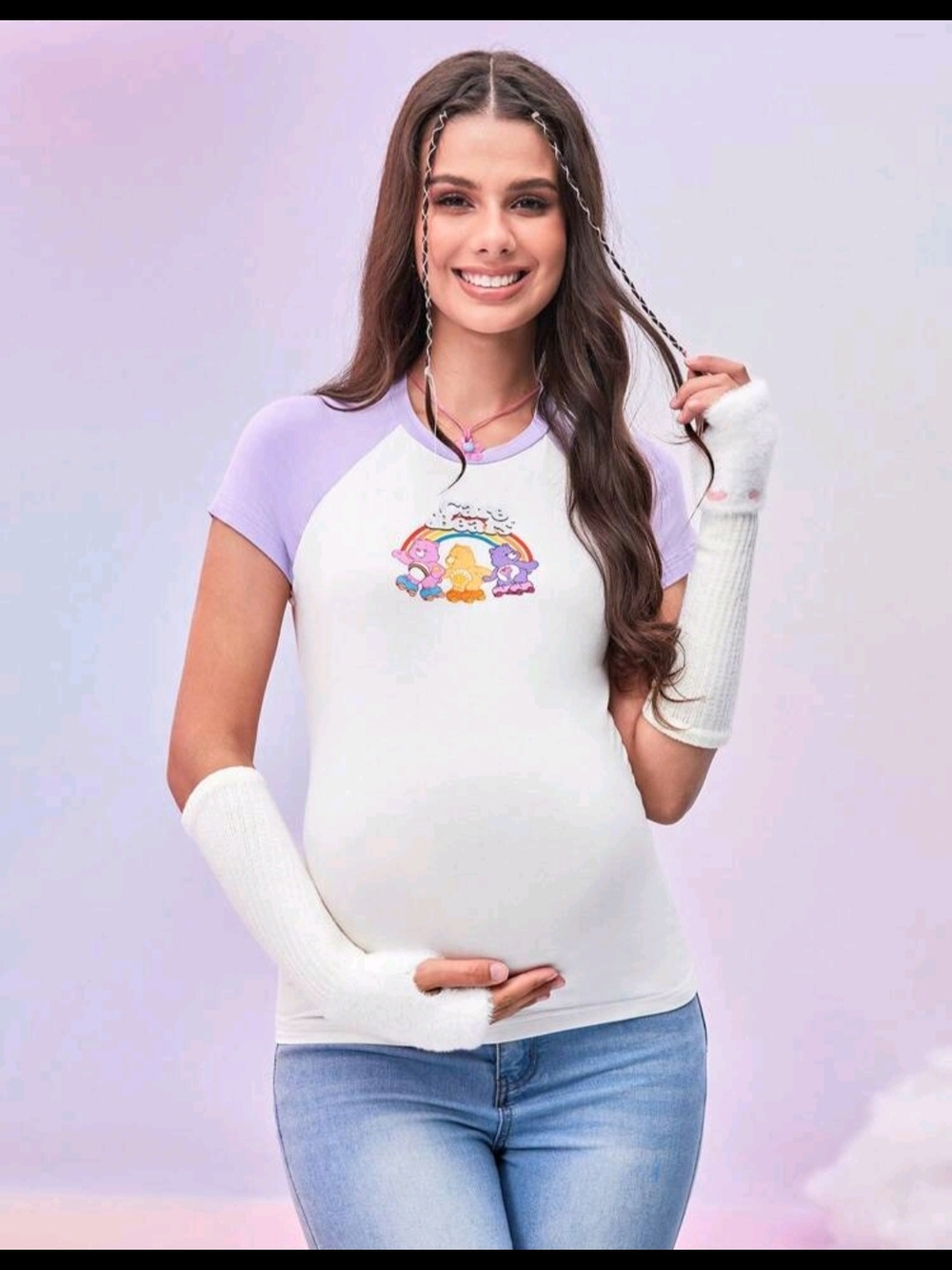 White & Lavender Care Bears Maternity Tee with Rainbow Graphic